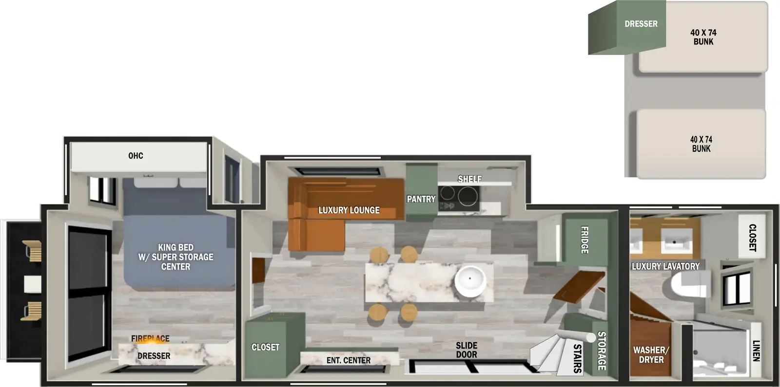 The RVS3 has two slideouts and two entries. Interior layout front to back: full bathroom with linen closets, luxury lavatory with two sinks, waterfall shower, and washer/dryer; loft with two bunks and a dresser above the bathroom; off-door side icebox, and slideout with kitchen counter with cooktop, shelf above, pantry, and luxury lounge; kitchen island with sink and seating; door side storage, stairs to loft, sliding door entry, entertainment center, and closet; rear bedroom with off-door side king bed slideout with overhead cabinet, door side dresser and fireplace below, and rear sliding door that leads to a sun deck.